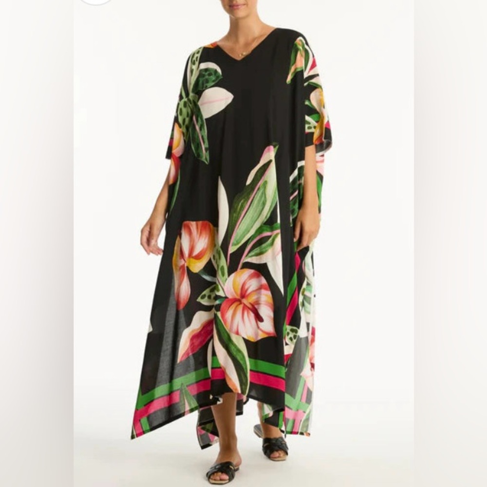 Floral V-Neck Black Caftan Dress - Tropical Print